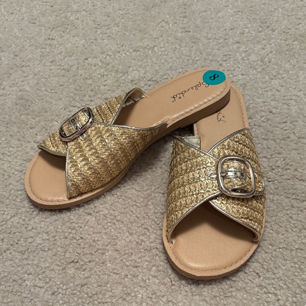 Splendid Metallic Gold Woven Buckle Slide Sandals